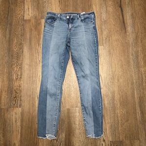 mid rise skinny jeans, distressed bottom, two tone